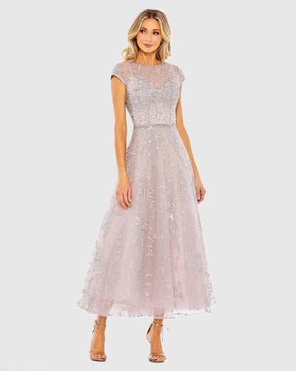 Embellished High Neck Cap Sleeve A Line Dress