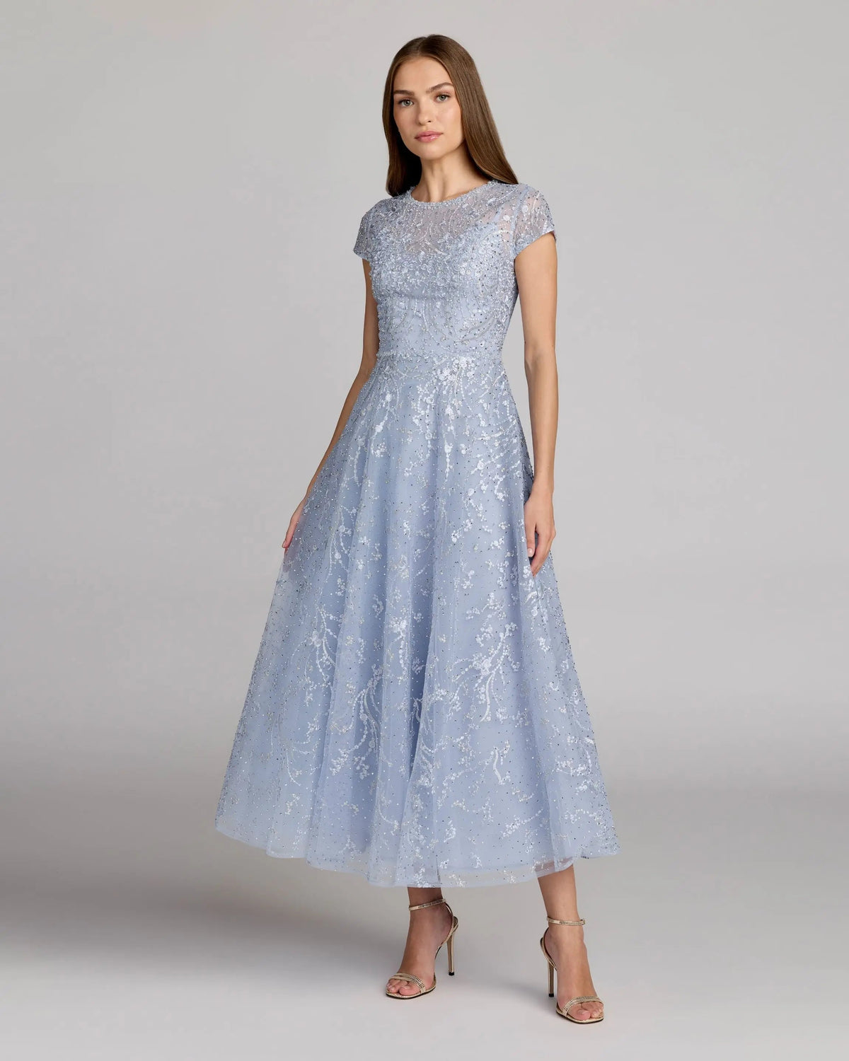 Embellished High Neck Cap Sleeve A Line Dress