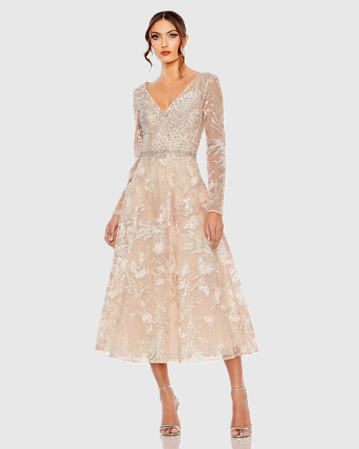 Light Pink Embroidered Long Sleeve Midi Dress