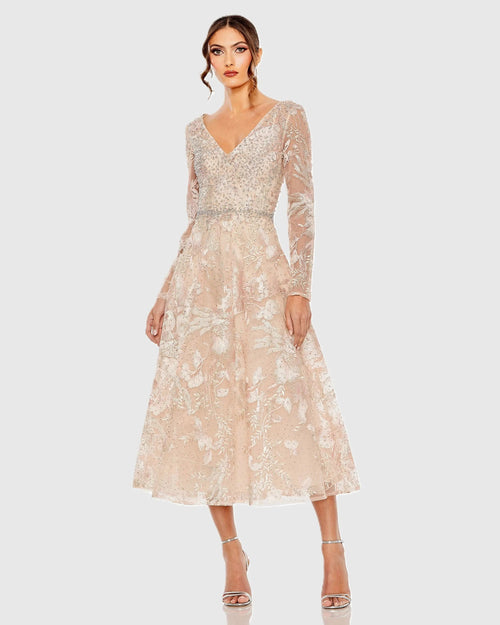 Light Pink Embroidered Long Sleeve Midi Dress