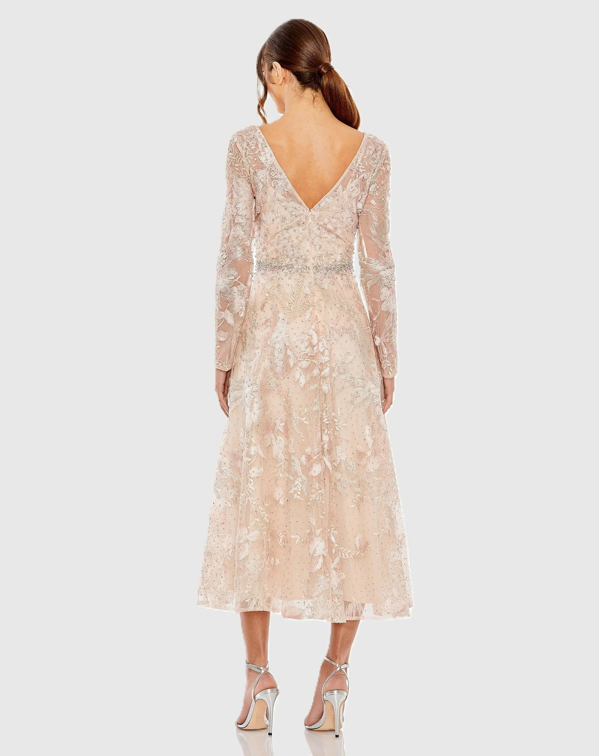 Light Pink Embroidered Long Sleeve Midi Dress