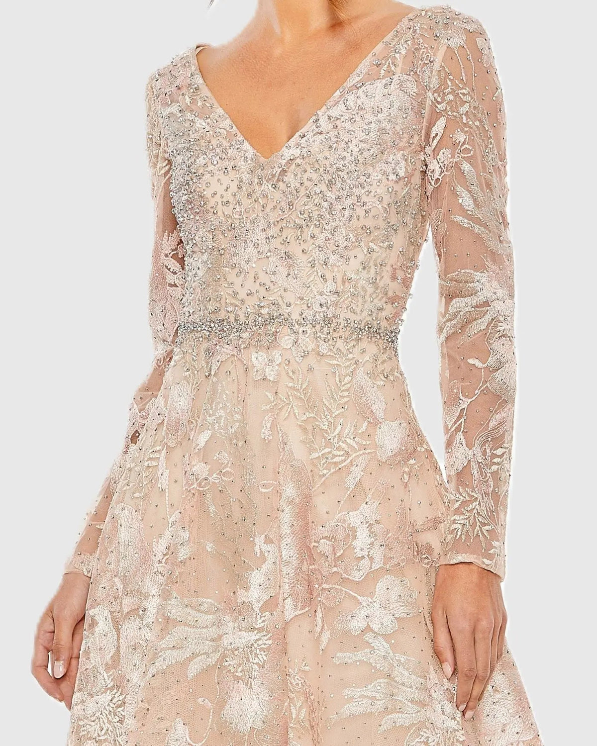 Light Pink Embroidered Long Sleeve Midi Dress