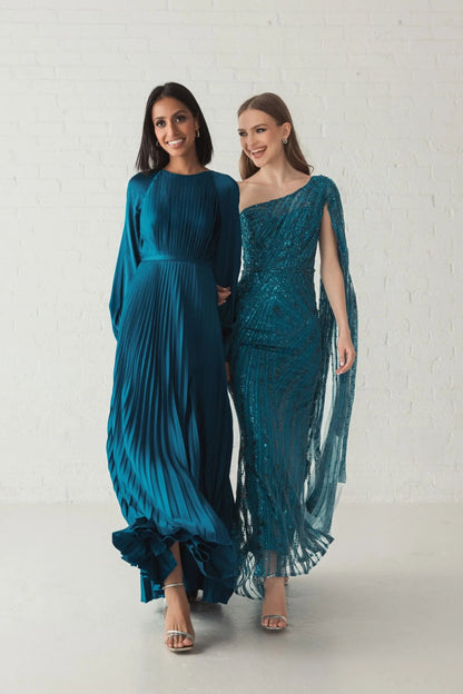Blue Pleated High Neck Long Sleeve Gown with Slit