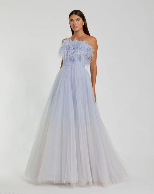 Blue Ombre Strapless Feather Bodice Tulle Gown - FINAL SALE