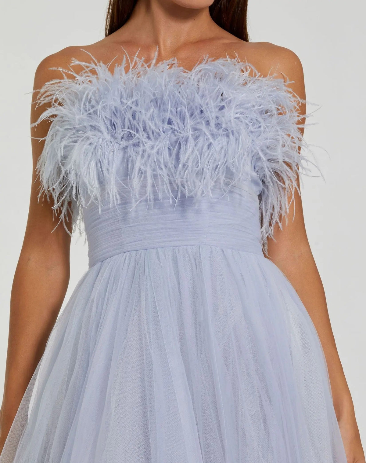 Blue Ombre Strapless Feather Bodice Tulle Gown - FINAL SALE