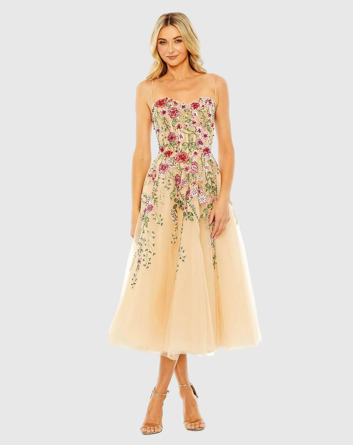 Beige Bustier Embroidered Floral A-Line Dress