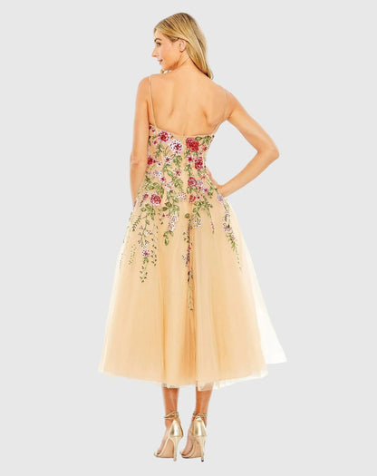Beige Bustier Embroidered Floral A-Line Dress