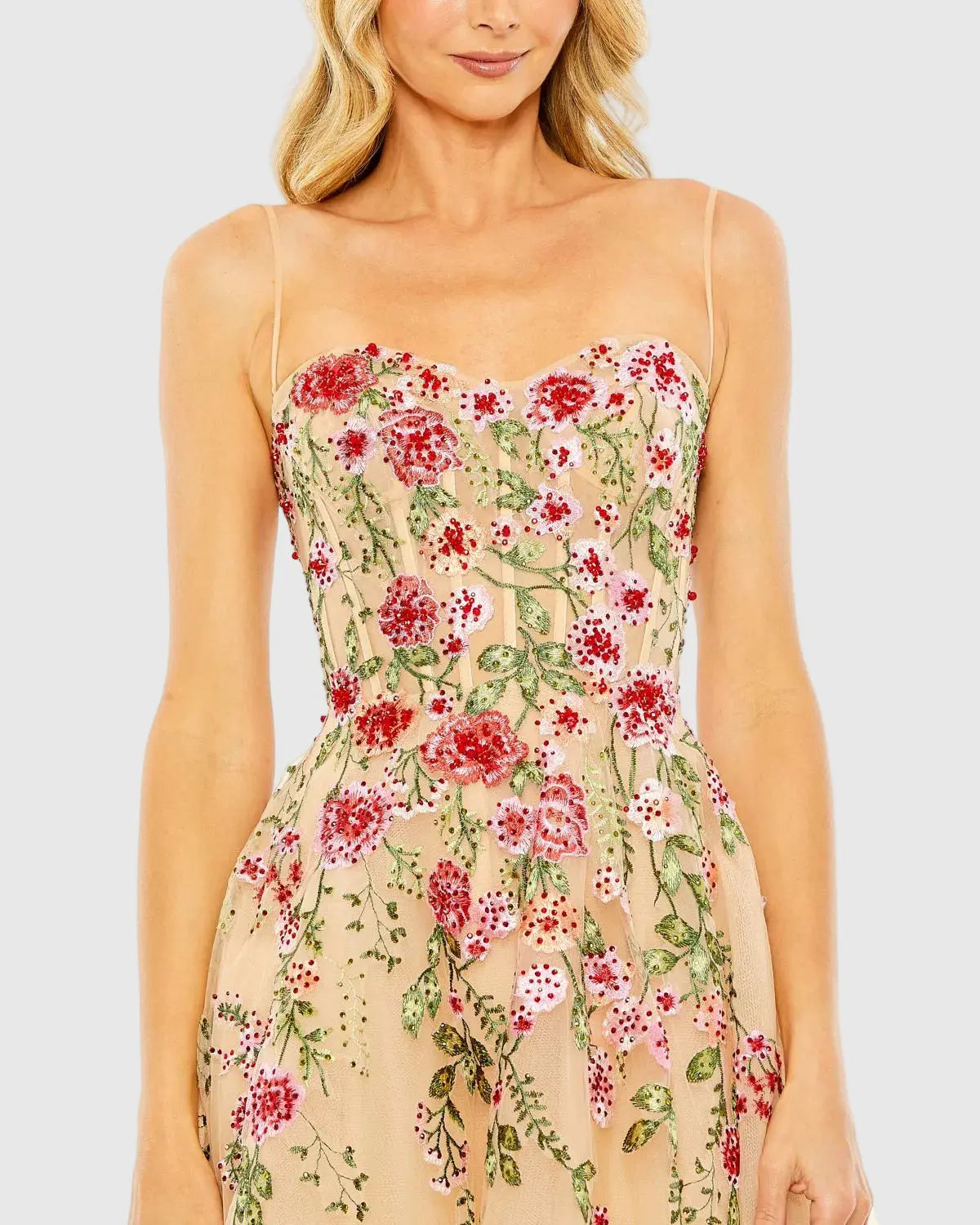 Beige Bustier Embroidered Floral A-Line Dress