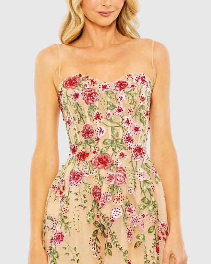 Beige Bustier Embroidered Floral A-Line Dress