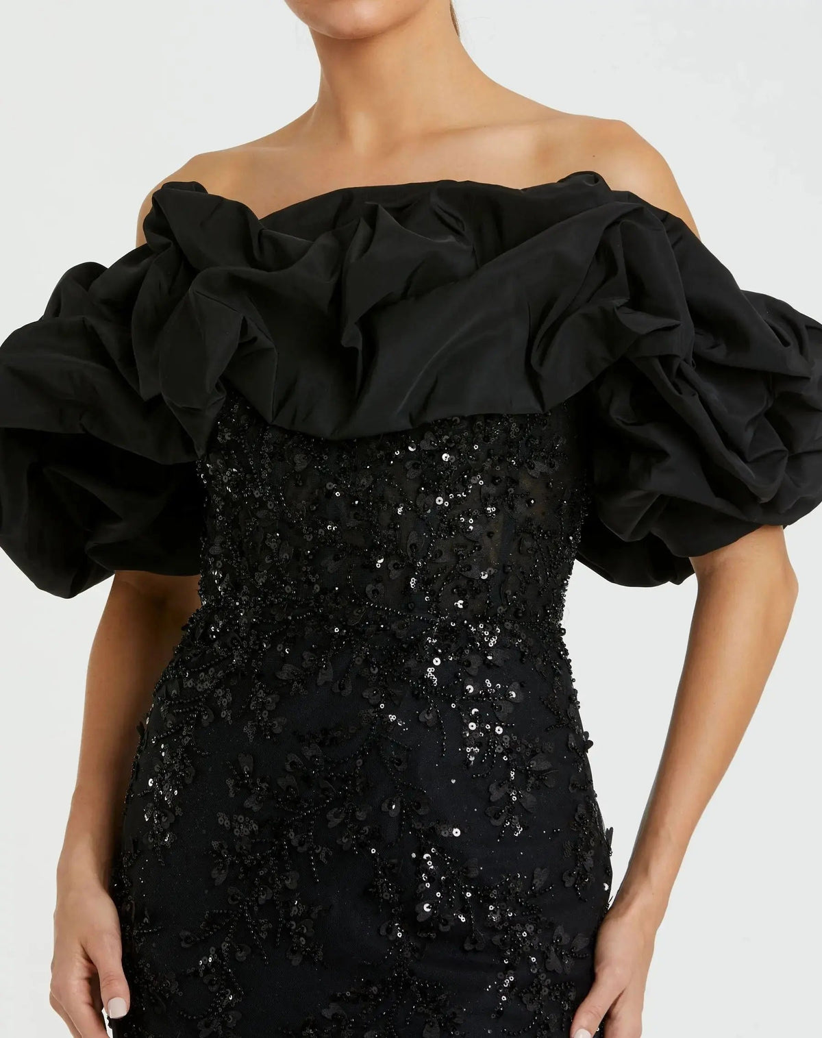 Black Embellished Mermaid Gown With Off The Shoulder Ruffle