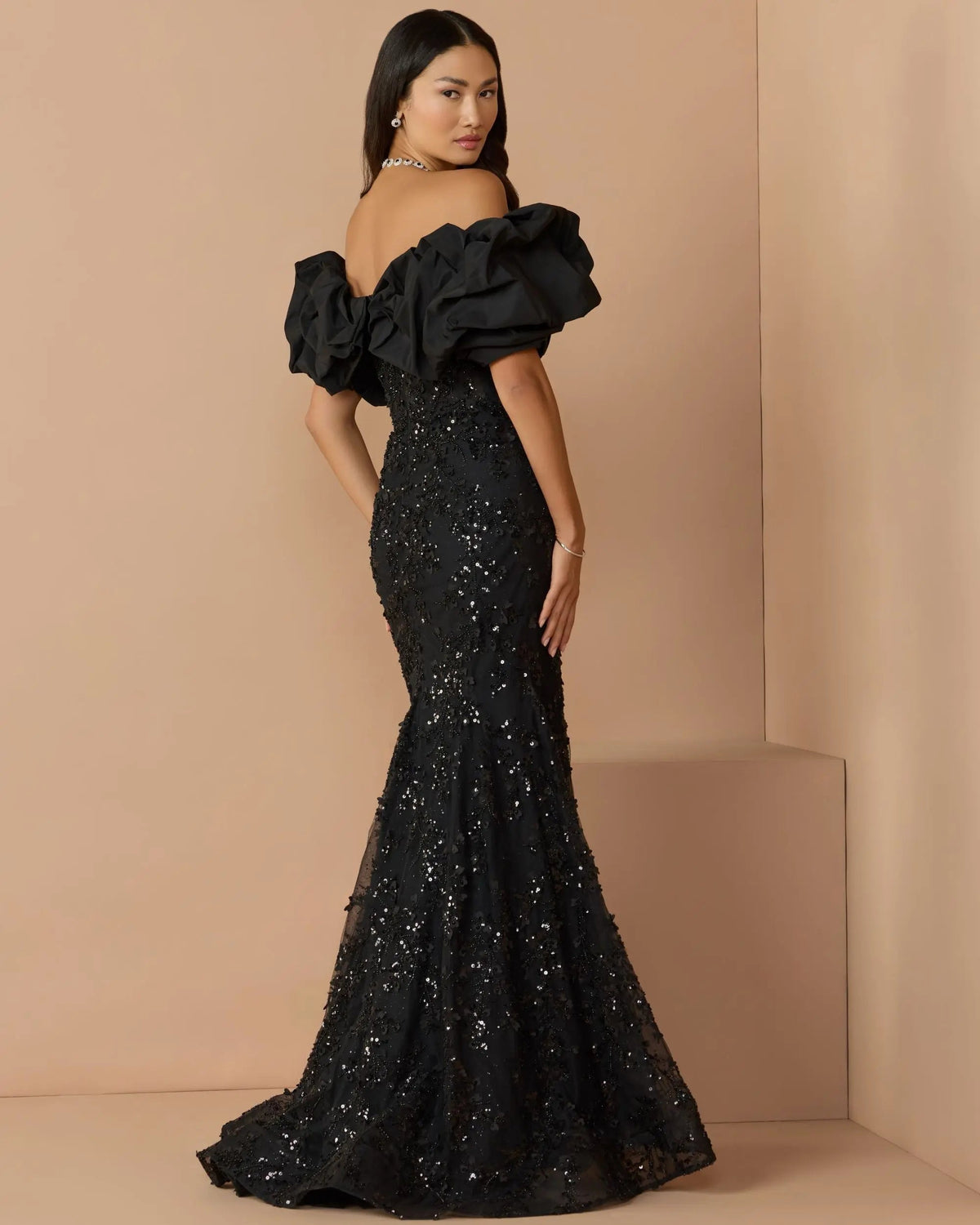 Black Embellished Mermaid Gown With Off The Shoulder Ruffle