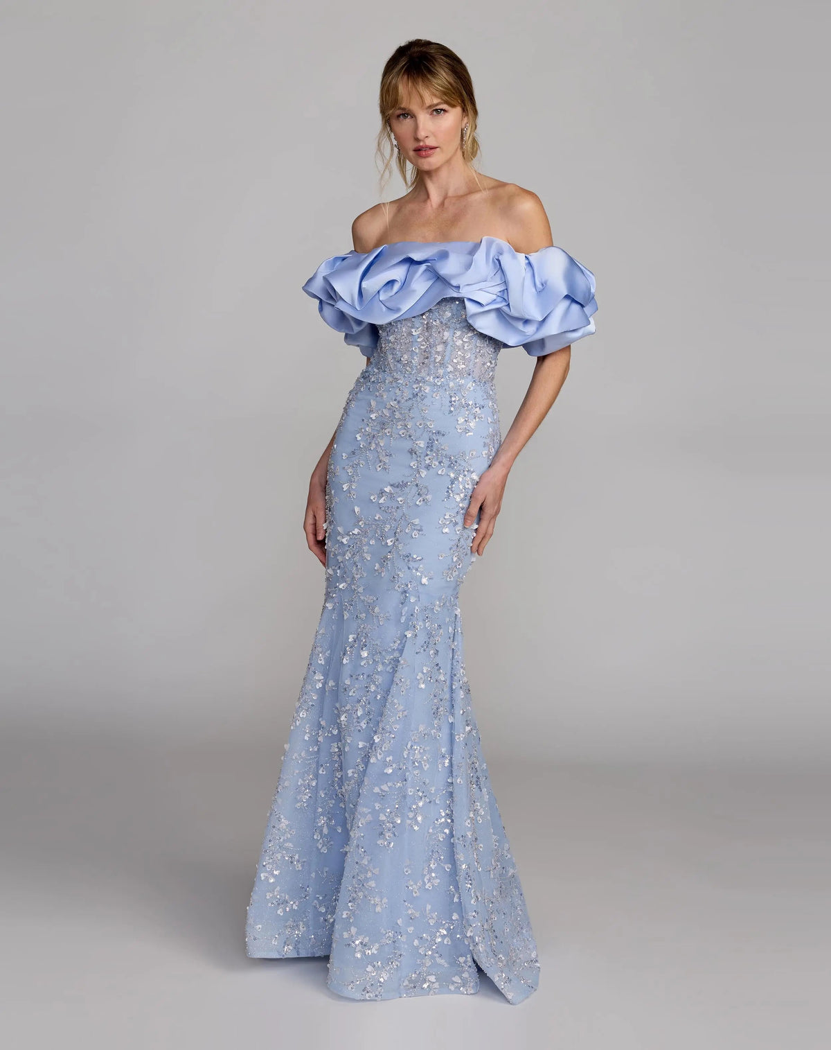 Beaded Mermaid Gown With Off The Shoulder Ruffle