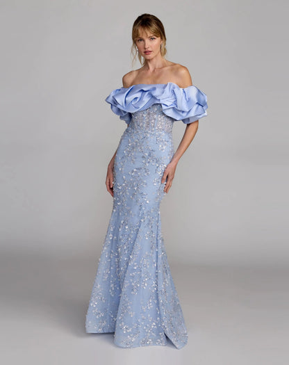 Beaded Mermaid Gown With Off The Shoulder Ruffle