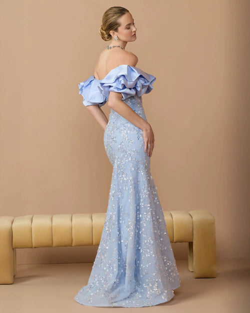 Beaded Mermaid Gown With Off The Shoulder Ruffle