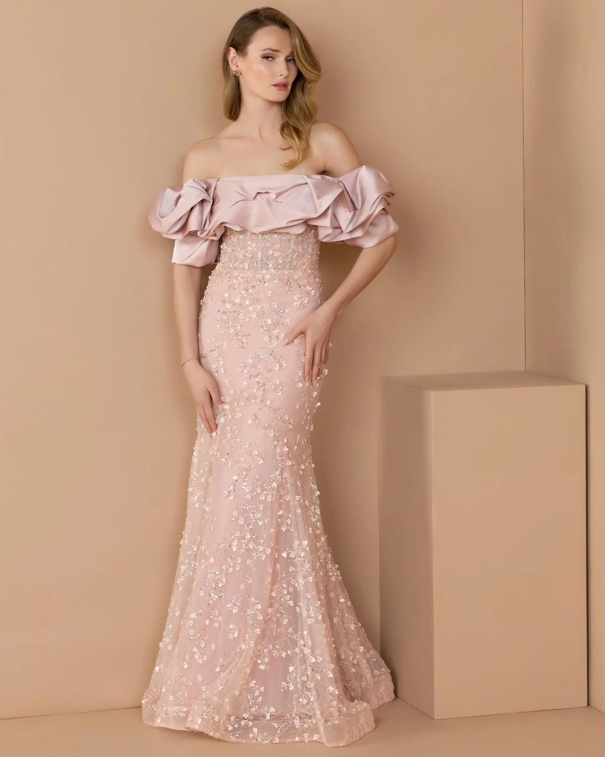 Beaded Mermaid Gown With Off The Shoulder Ruffle