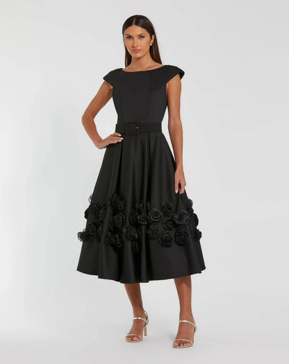 Black Satin Cap Sleeve Midi Dress With 3D Flowers