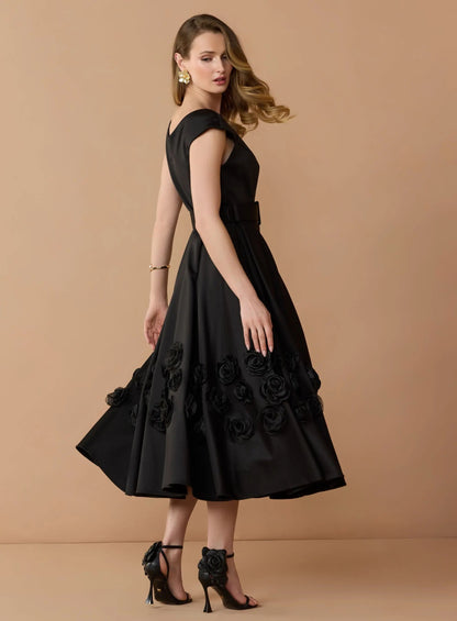 Black Satin Cap Sleeve Midi Dress With 3D Flowers