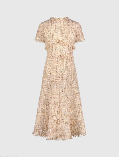 Beige Boucle Short Sleeve A Line Midi Dress