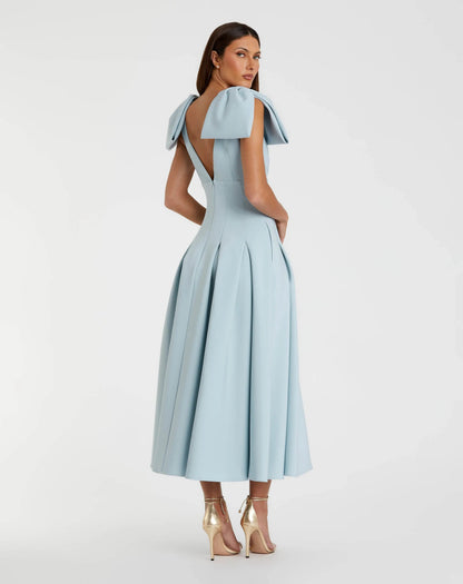 Blue Crepe A Line Midi Dress With Bow Straps
