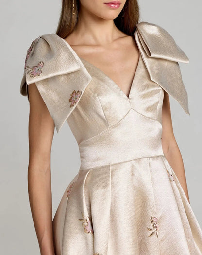Ivory Brocade V Neck Ball Gown With Bow Straps