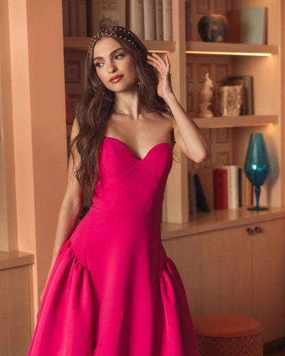 Hot Pink Strapless Crepe Ball Gown with Satin Skirt