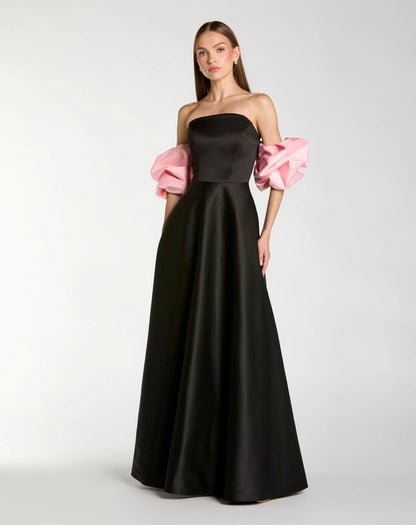 Black Satin Ball Gown With Colorblock Puff Sleeves