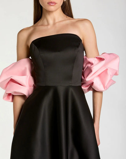 Black Satin Ball Gown With Colorblock Puff Sleeves