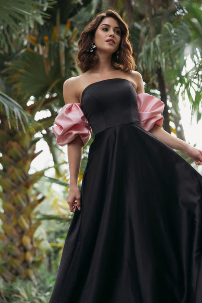 Black Satin Ball Gown With Colorblock Puff Sleeves