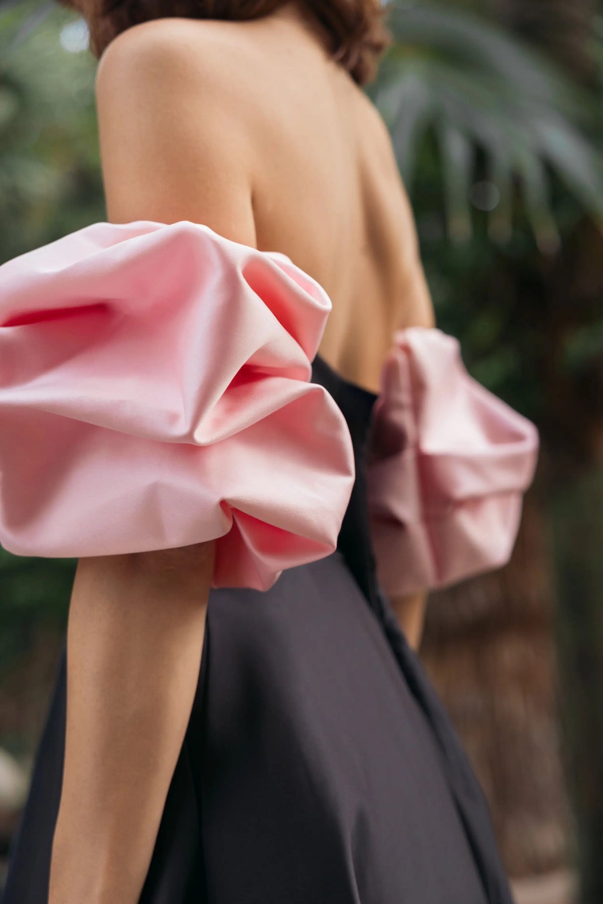 Black Satin Ball Gown With Colorblock Puff Sleeves