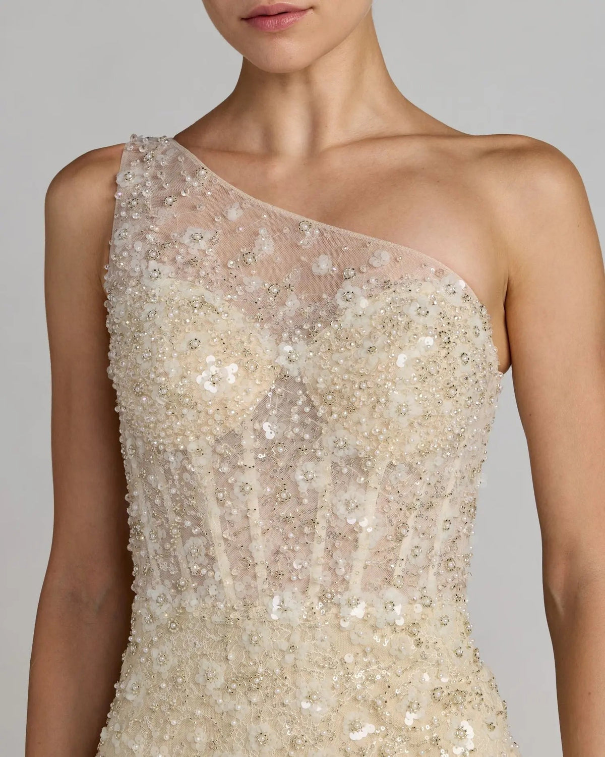Beige Embellished One Shoulder Column Gown