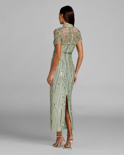 Green Beaded Mock Neck Midi Dress
