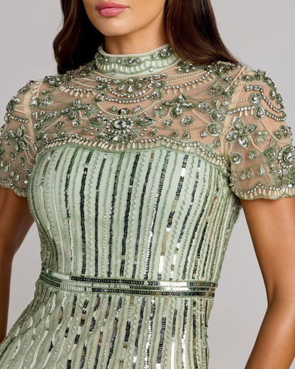 Green Beaded Mock Neck Midi Dress
