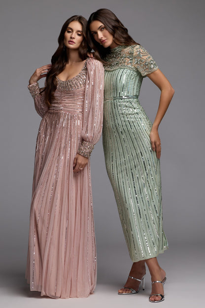 Green Beaded Mock Neck Midi Dress