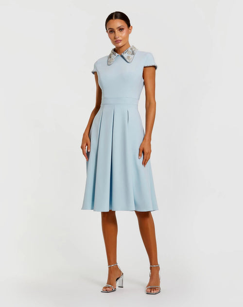 Blue Crepe Short Sleeve Midi Dress With Beading
