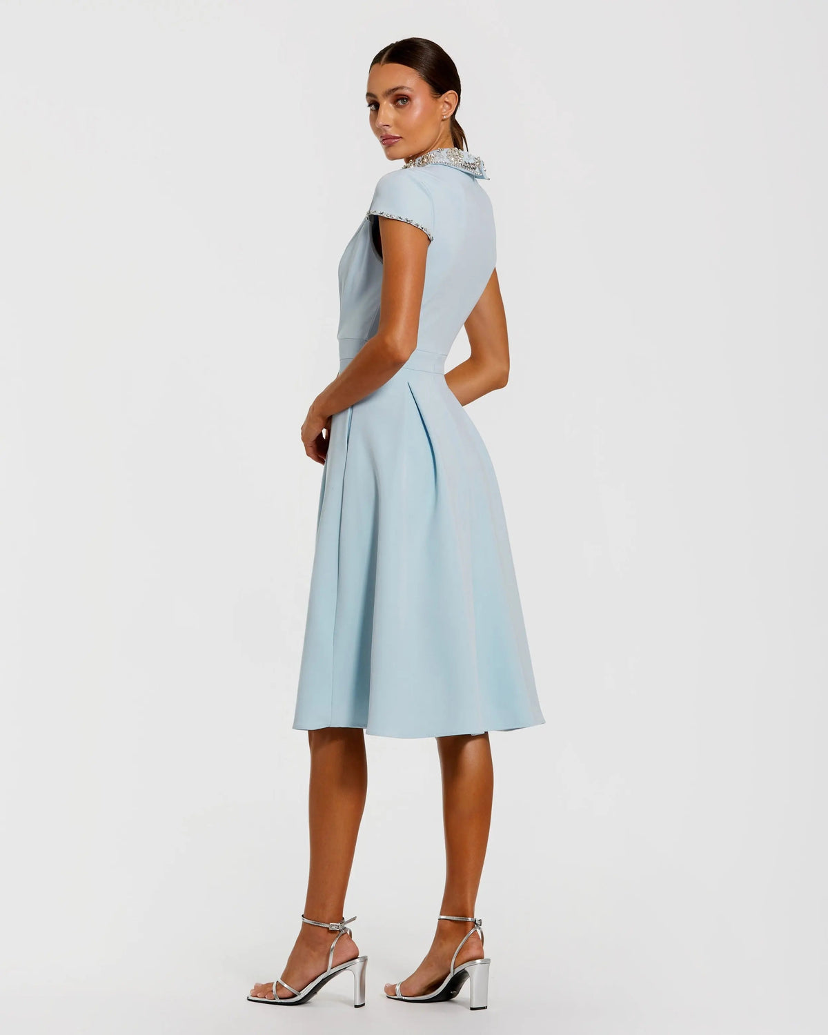 Blue Crepe Short Sleeve Midi Dress With Beading