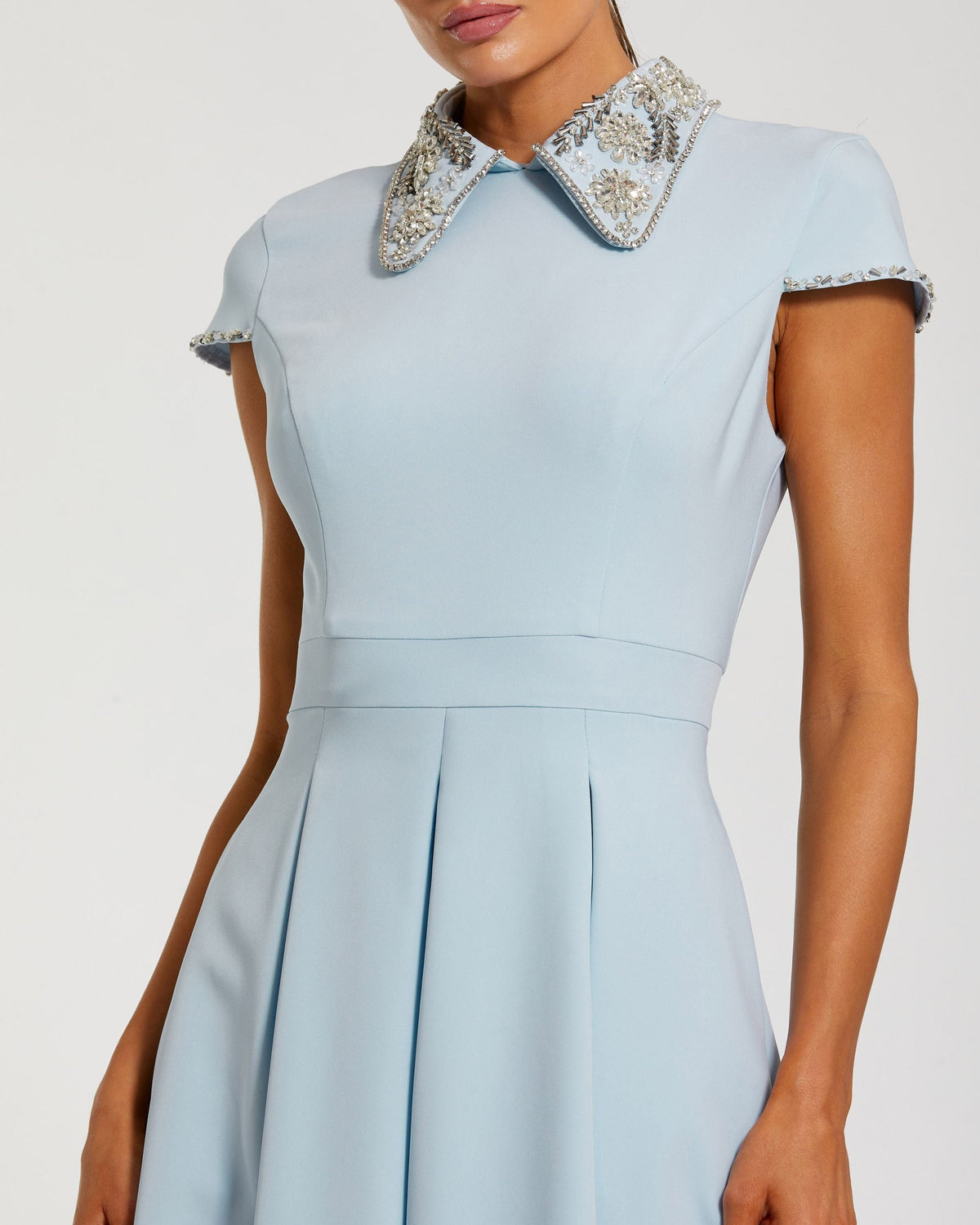Blue Crepe Short Sleeve Midi Dress With Beading