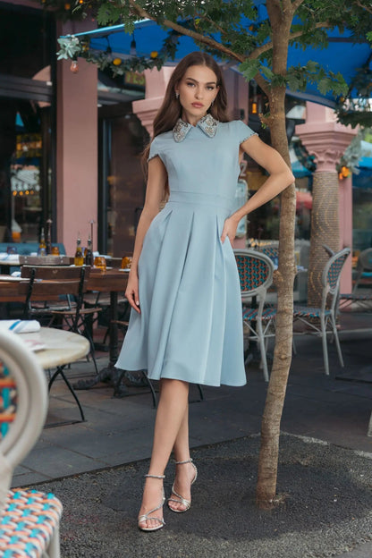 Blue Crepe Short Sleeve Midi Dress With Beading