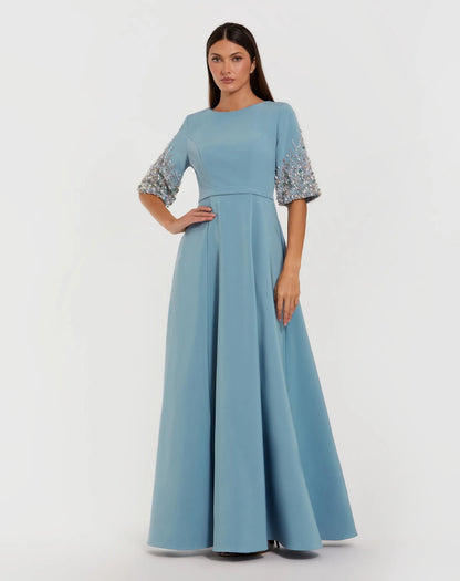 Crepe Gown With Embellished 3/4 Sleeves
