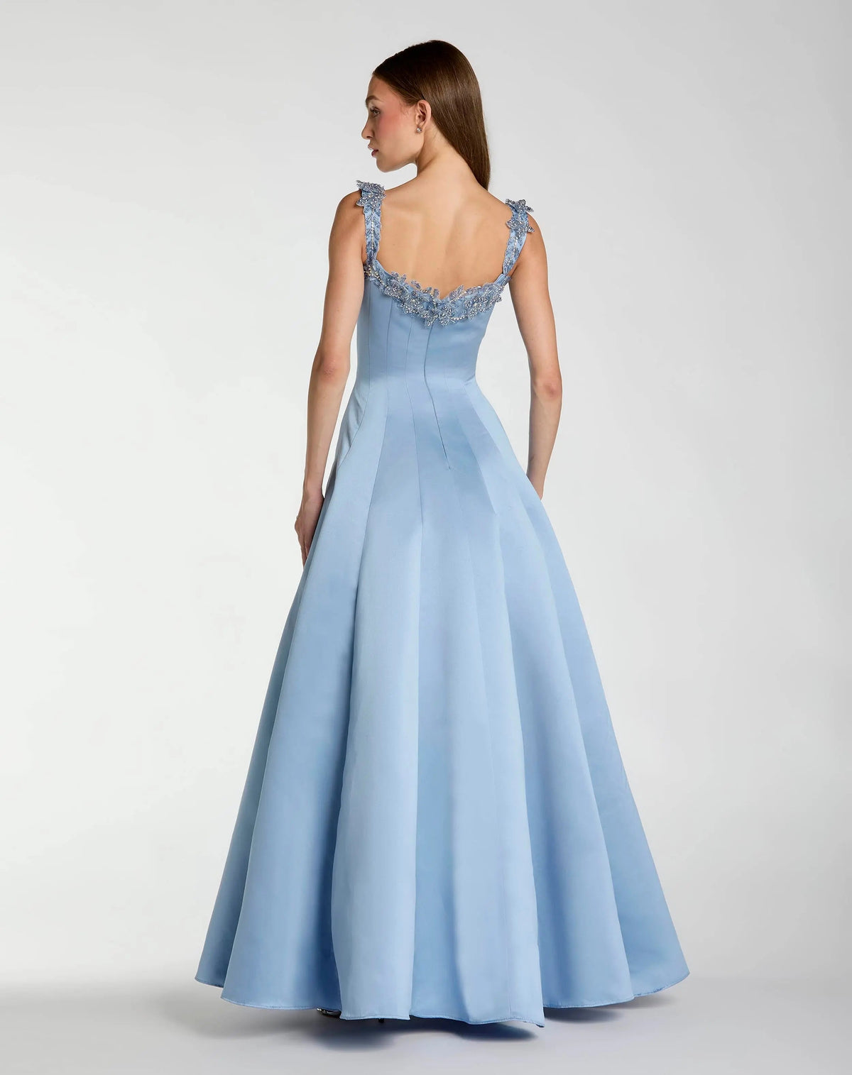 Blue Satin Ball Gown With 3D Embellished Flowers