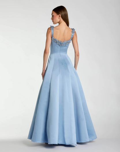 Blue Satin Ball Gown With 3D Embellished Flowers