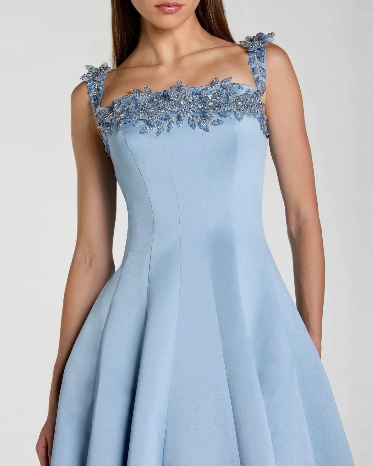 Blue Satin Ball Gown With 3D Embellished Flowers