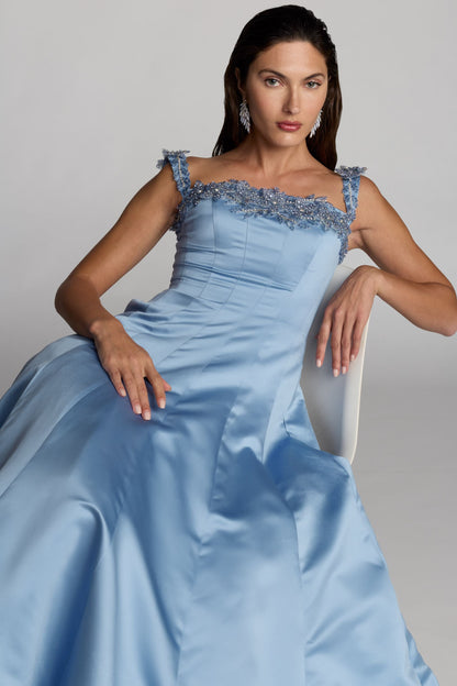 Blue Satin Ball Gown With 3D Embellished Flowers
