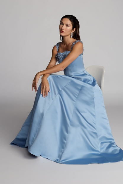 Blue Satin Ball Gown With 3D Embellished Flowers