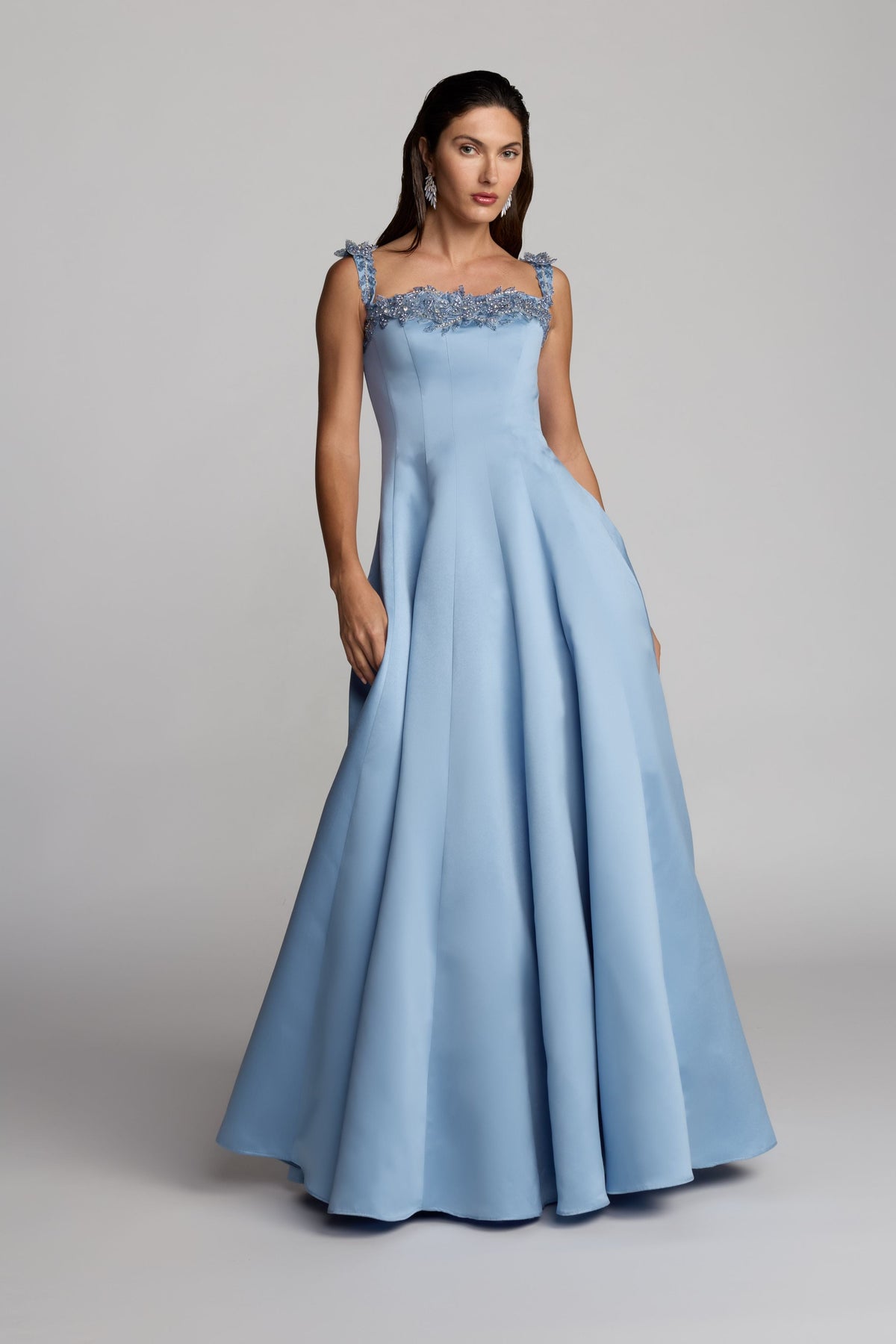 Blue Satin Ball Gown With 3D Embellished Flowers