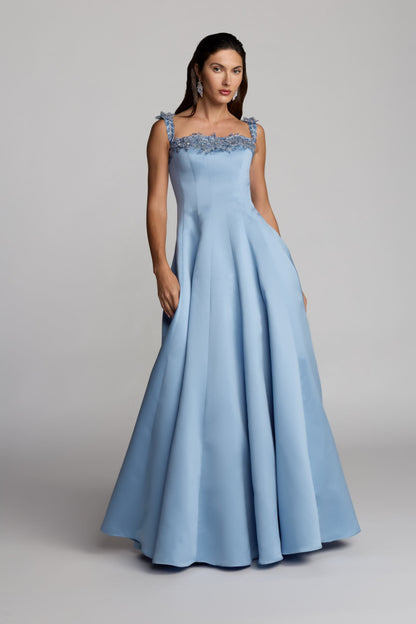 Blue Satin Ball Gown With 3D Embellished Flowers