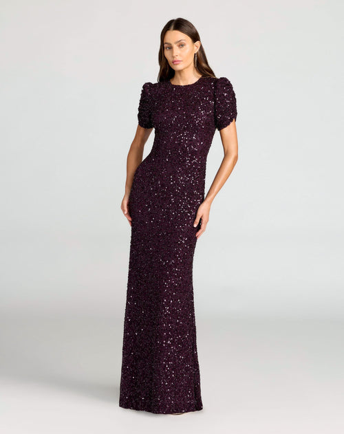 Dark Purple Gathered Short Sleeve Embellished Gown