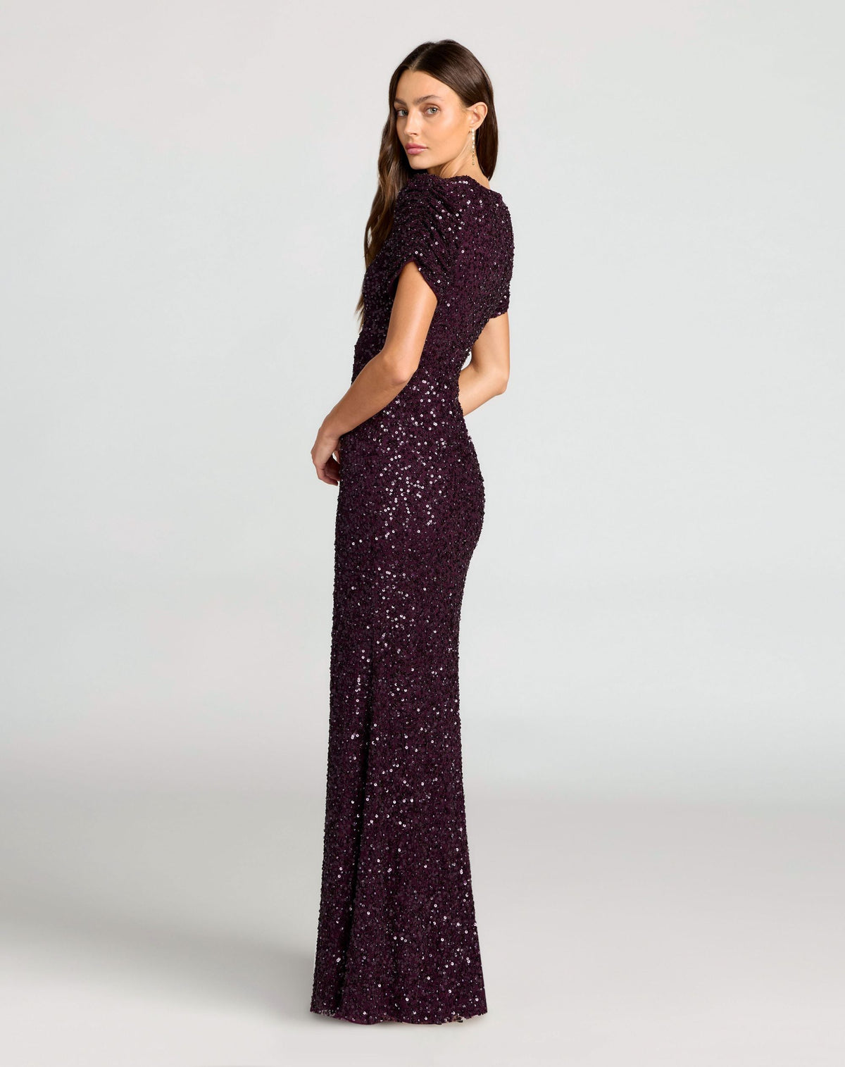 Dark Purple Gathered Short Sleeve Embellished Gown