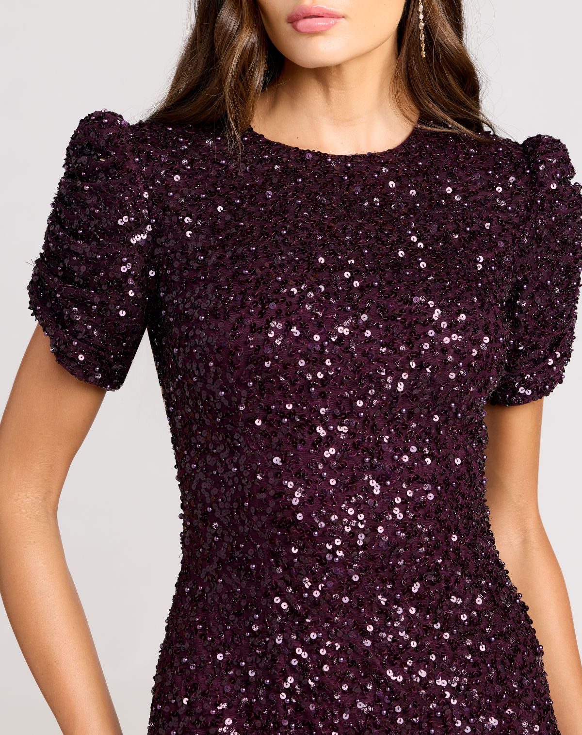 Dark Purple Gathered Short Sleeve Embellished Gown