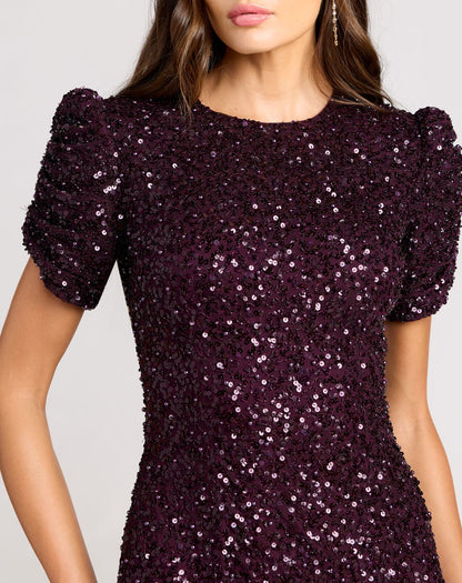 Dark Purple Gathered Short Sleeve Embellished Gown