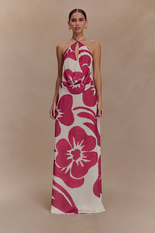 Katalina Chiffon Maxi Skirt - Red Deco Fleur Print